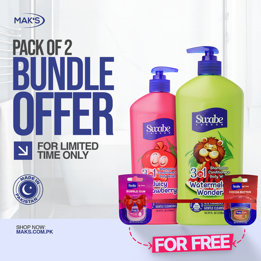 Swabe Kids by Mak’s Strawberry & Watermelon 3-in-1 Bundle 550ml ×2 + FREE Lip Balms (Bubble Gum & Cocoa Butter) ×2