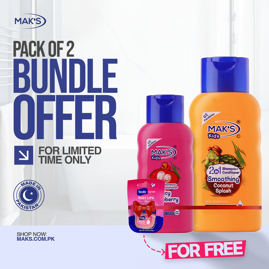 MAK’S Kids Coconut 2-in-1 & Strawberry 2-in-1 300ml ×2 + FREE Lip Balm (Rosy Lips)