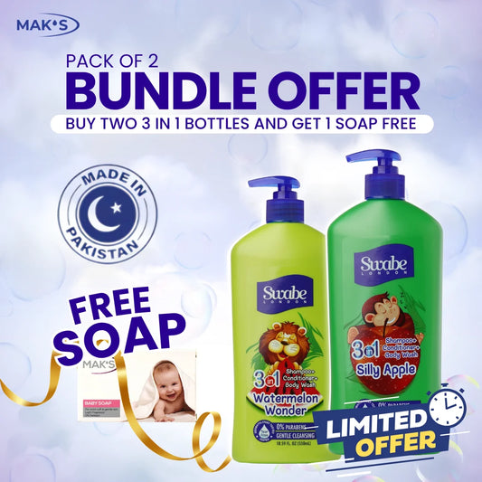Swabe Kids by Mak’s Watermelon & Apple 3-in-1 Bundle 550ml ×2 + FREE Baby Soap