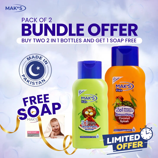 MAK’S Kids 2-in-1 Bundle Watermelon & Coconut 300ml ×2 + FREE Baby Soap