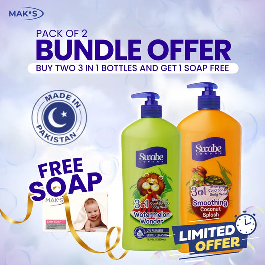 Swabe Kids by Mak’s Coconut & Watermelon 3-in-1 Bundle 550ml ×2 + FREE Baby Soap