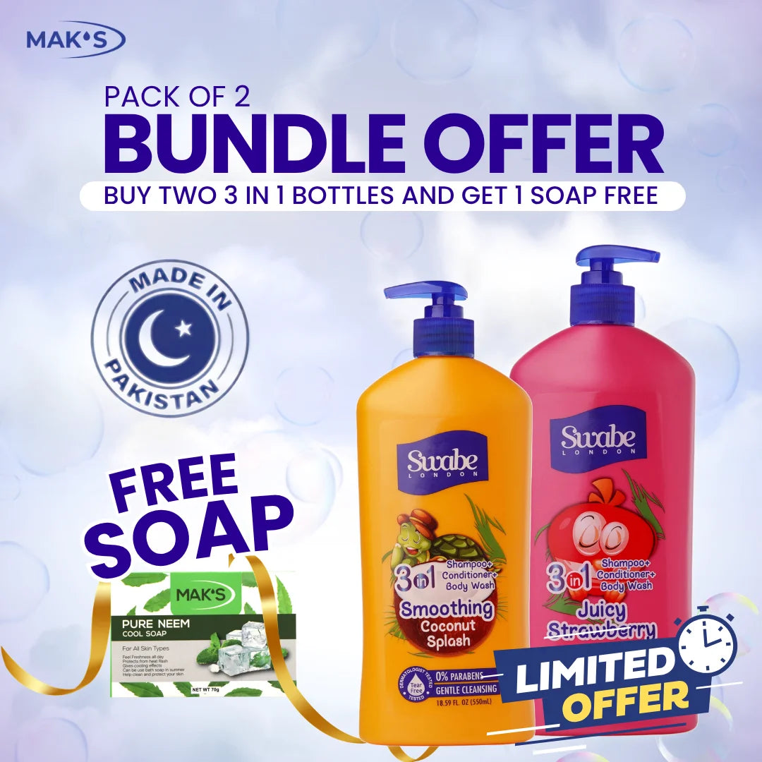Swabe Kids by Maks 3in1 Strawberry and Coconut Shampoo Body Wash 550ml Twin Pack with Free Neem Soap and Free Delivery Pakistan