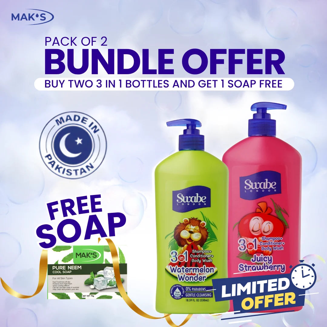 Swabe Kids by Maks 3in1 Strawberry and Watermelon Shampoo Body Wash 550ml Twin Pack with Free Neem Soap and Free Delivery Pakistan
