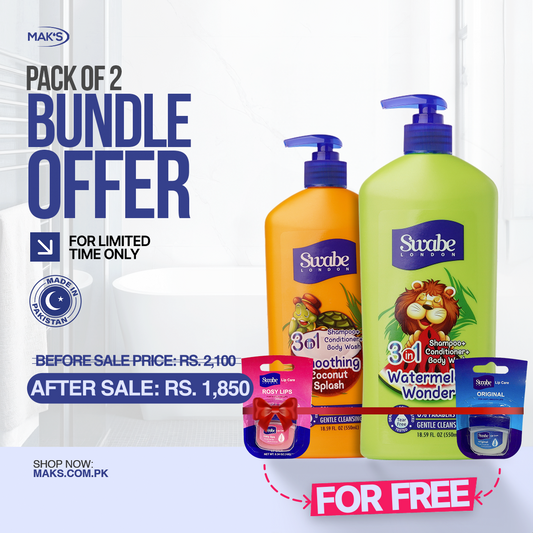 Swabe Kids by Mak’s Watermelon & Coconut 3-in-1 Bundle 550ml ×2 + FREE Lip Balms (Rosy Lips & Original) ×2