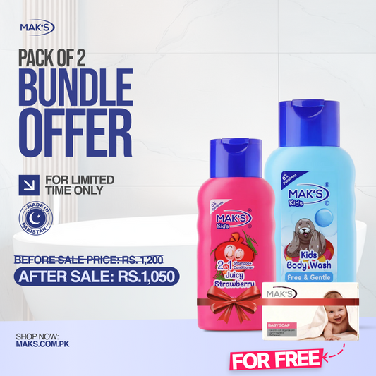 Mak’s 2-in-1 Shampoo Strawberry & Free Gentle Bodywash 300ml ×2 (Free White baby Soap)