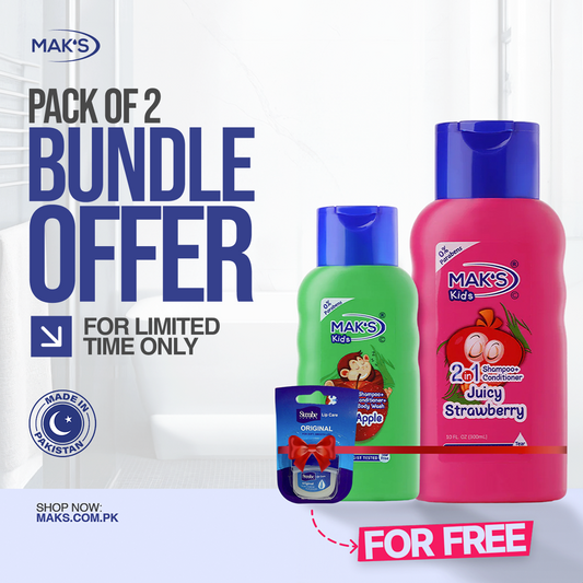 MAK’S Kids Strawberry 2-in-1 & Apple 3-in-1 Bundle 300ml ×2 + FREE Lip Balm (Original)