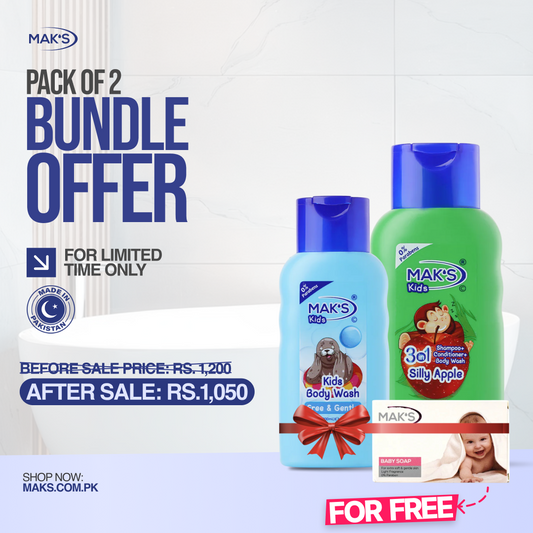 Mak’s 3-in-1 Shampoo Apple & Free Gentle Bodywash 300ml ×2 (Free White baby Soap)