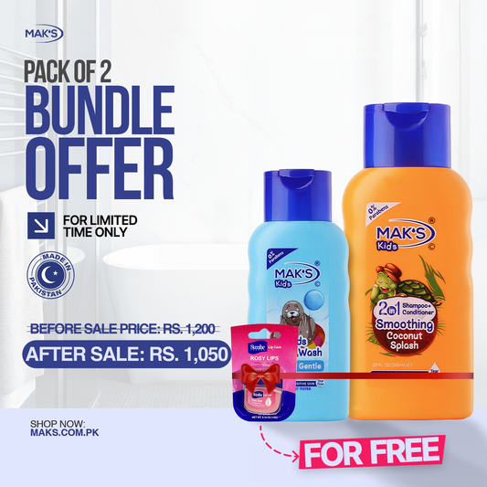 MAK’S Kids Coconut 2-in-1 & Gentle Body Wash 300ml ×2 + FREE Lip Balm (Rosy Lips)