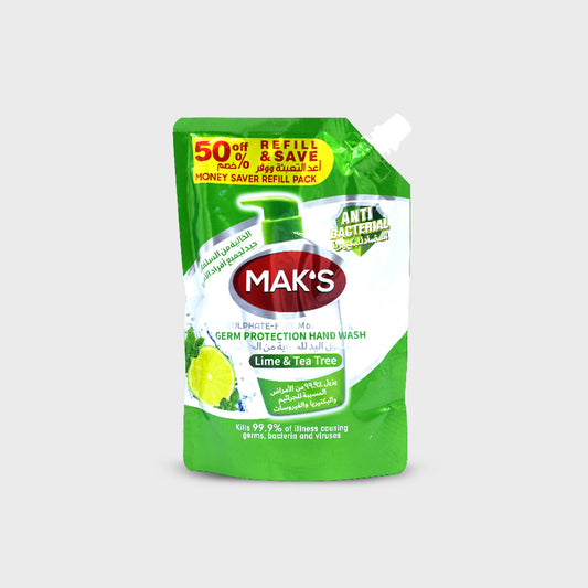 MAK’s Sulphate Free Anti Bacterial Handwash - Lime & Tea Tree (Pouch) 600ml