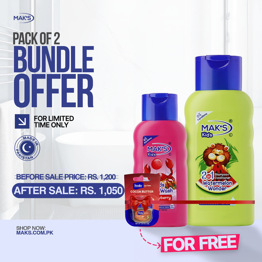 MAK’S Kids Watermelon 2-in-1 & Strawberry Body Wash Bundle 300ml ×2 + FREE Lip Balm (Cocoa Butter)