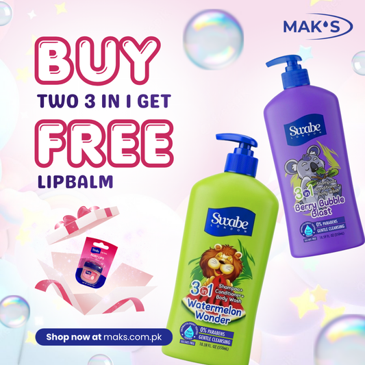 Swabe Kids by Mak’s Berry & Watermelon 3-in-1 Bundle 550ml ×2 + FREE Lip Balms (Aloe Vera & Cocoa Butter)