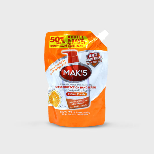 MAK’s Sulphate Free Anti Bacterial Handwash - Citrus Fresh (Pouch) 600ml