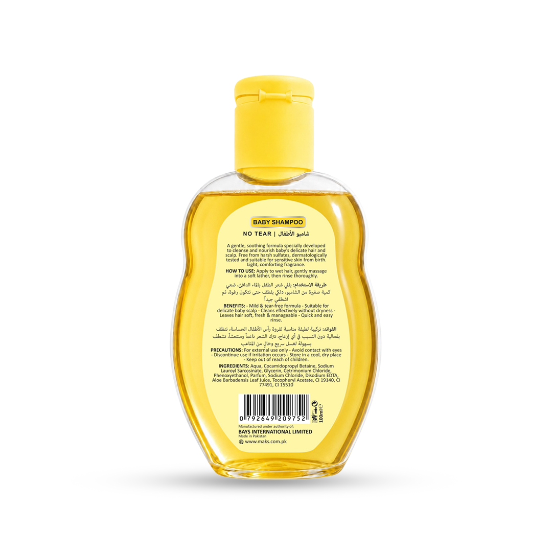 A bottle of Swabe Baby Shampoo shown from the back, featuring a yellow cap and a yellow label with black text and a barcode, set against a plain white background.