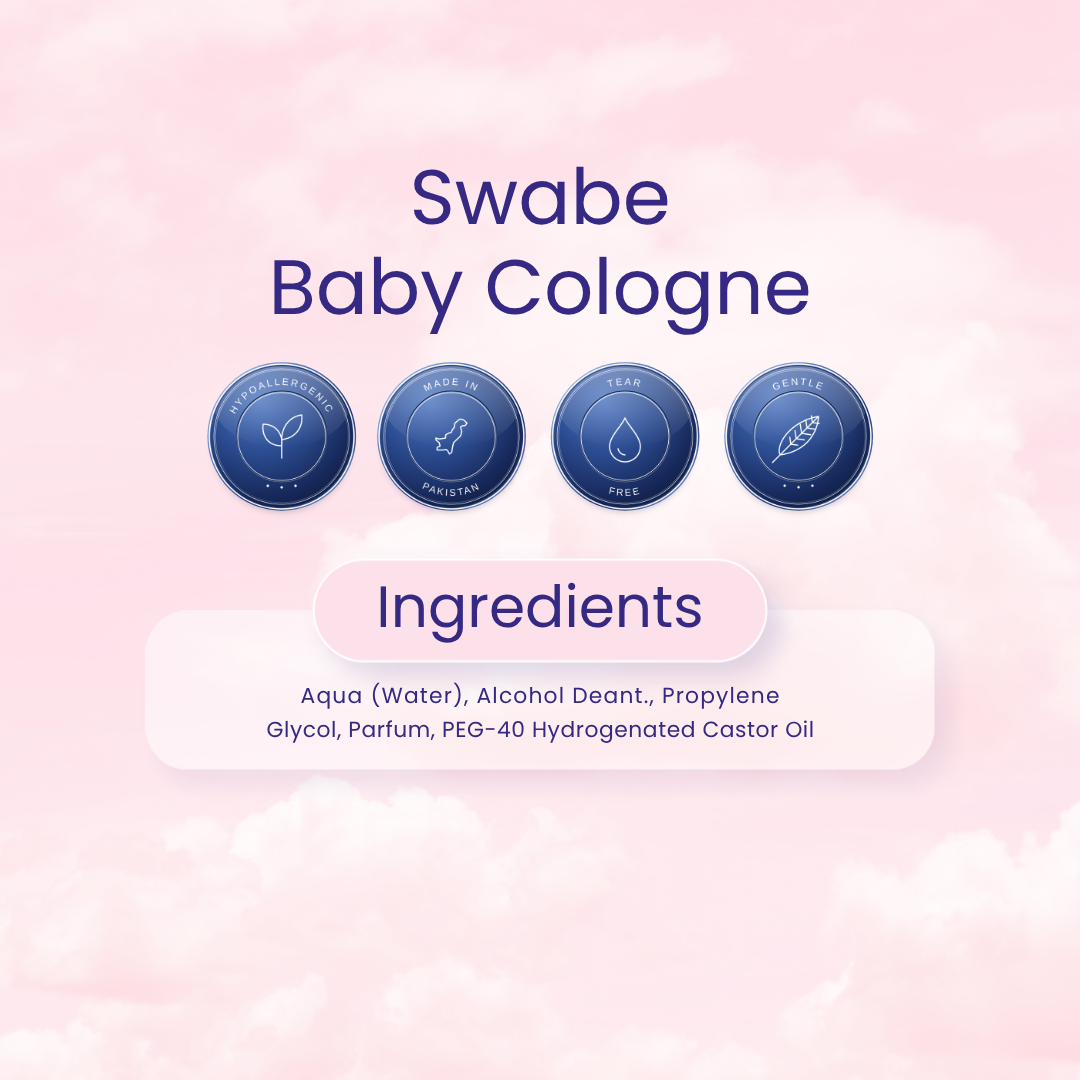 A pink promotional graphic for Swabe Baby Cologne with blue text, four circular quality badges, and an ingredients list on a soft cloud background.