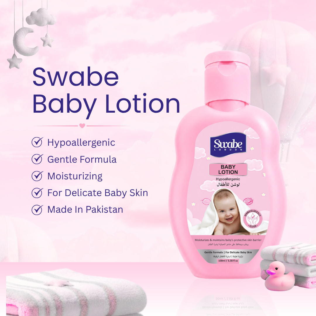 A pink bottle of Swabe Baby Lotion is shown on a soft pink background with promotional text listing benefits such as hypoallergenic, gentle formula, moisturizing, and made in Pakistan. Folded white towels and a small pink rubber duck are placed below the bottle.
