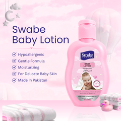 A pink bottle of Swabe Baby Lotion is shown on a soft pink background with promotional text listing benefits such as hypoallergenic, gentle formula, moisturizing, and made in Pakistan. Folded white towels and a small pink rubber duck are placed below the bottle.