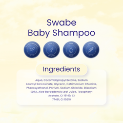 A clean, digital product graphic for 'Swabe Baby Shampoo' on a soft, textured cream background. The graphic features four blue circular badges indicating 'Proudly Vegan', 'Made in Hungary', 'Team Free', and 'Deter' with simple line icons.