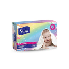 Swabe London Baby Soap box featuring a smiling baby wrapped in a white towel on a pastel rainbow background.