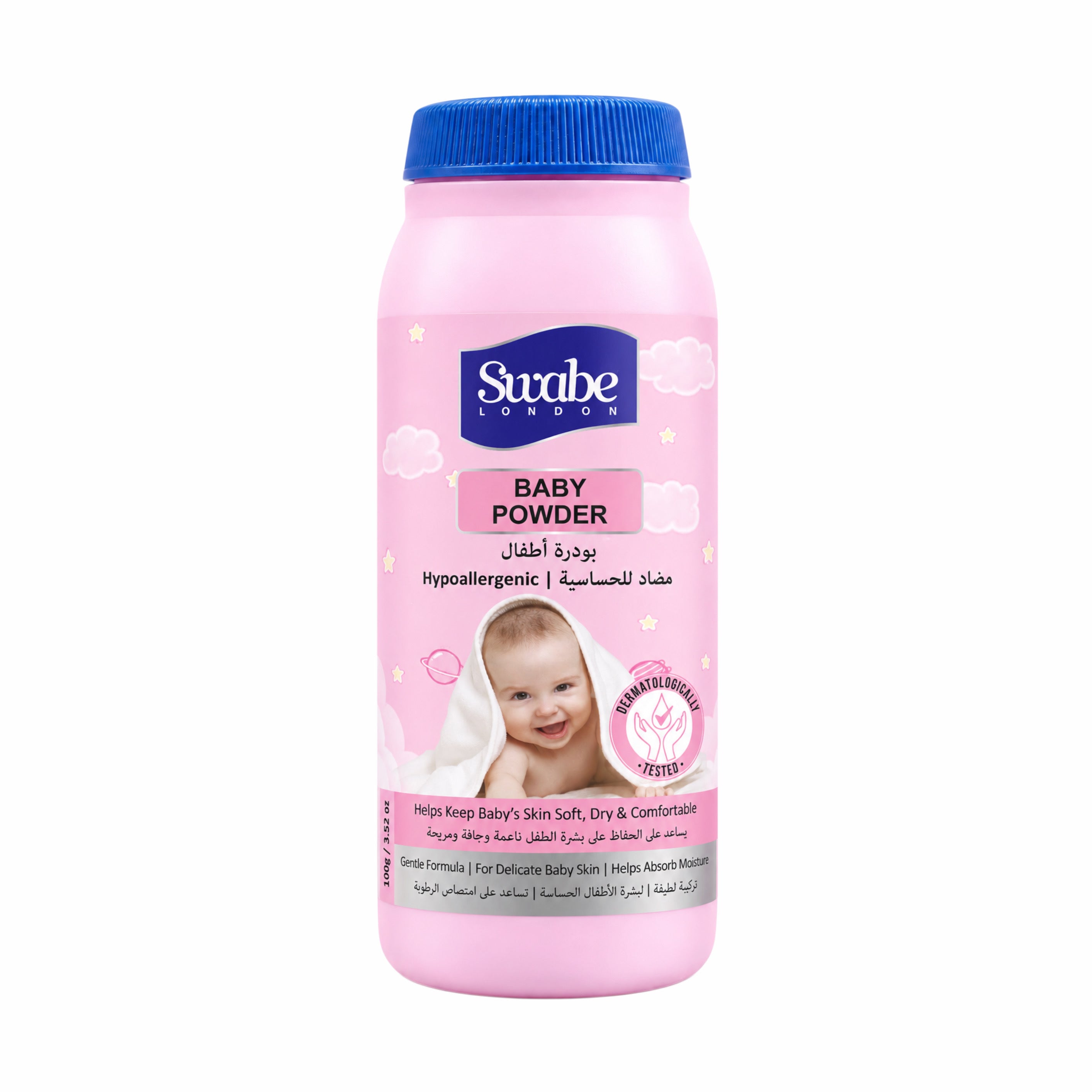 Swabe London 100g Hypoallergenic Baby Powder pink bottle front view with blue cap - MAKS Pakistan