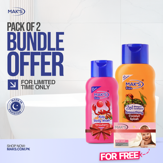 Mak’s 2-in-1 Shampoo Coconut & Strawberry Bodywash 300ml ×2 (Free Pink baby Soap)