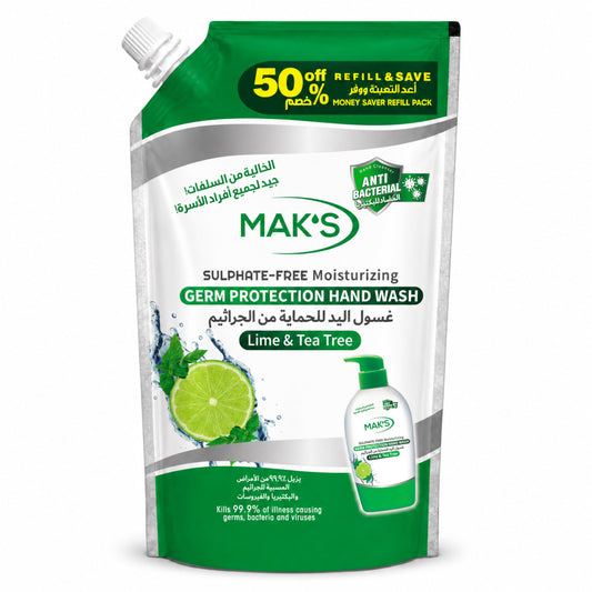 MAK’s Sulphate Free Anti Bacterial Handwash - Lime & Tea Tree (Pouch) 600ml