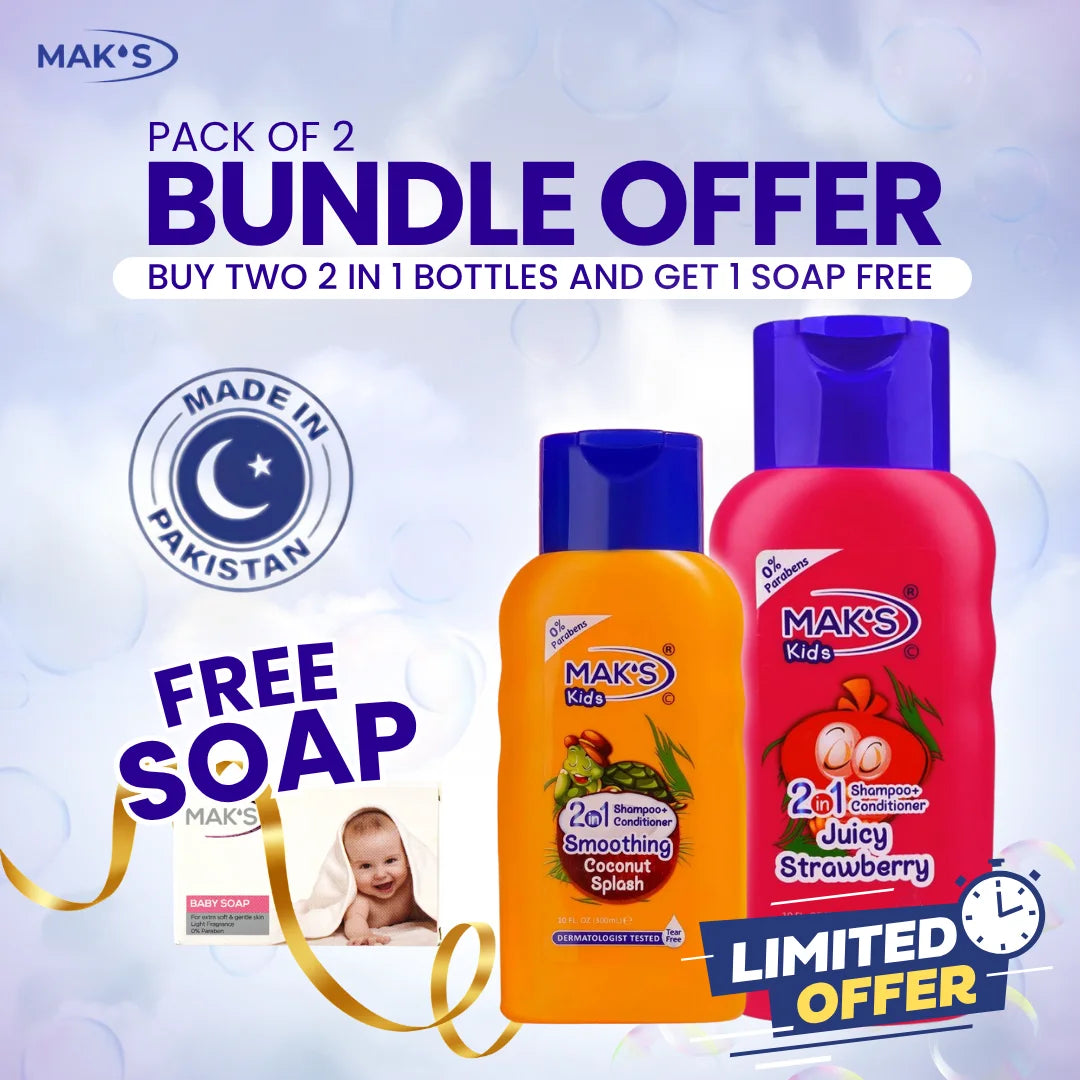 Mak’s 2-in-1 Shampoo Coconut & Strawberry 300ml ×2 (Free White baby Soap)