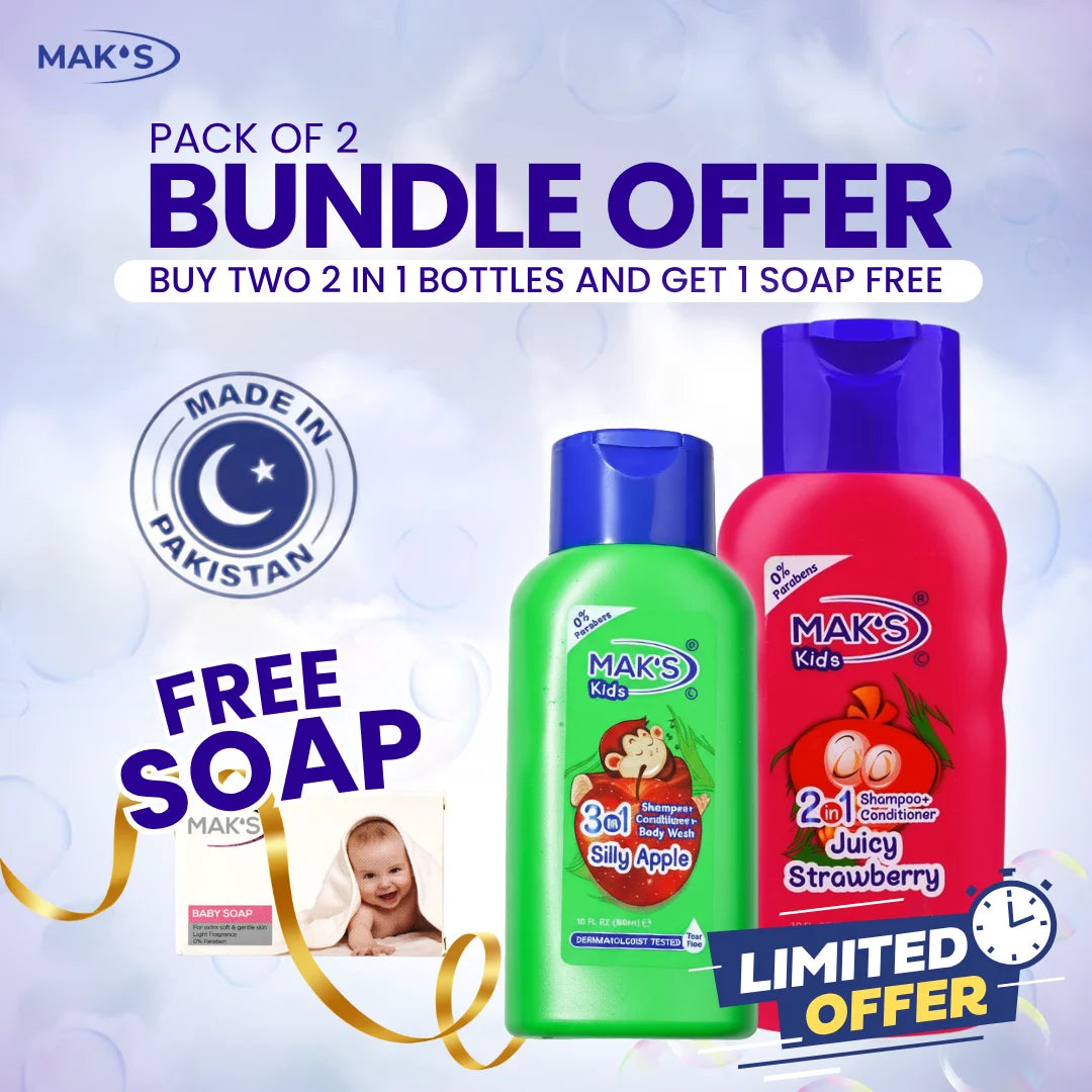 Mak’s 2-in-1 Shampoo Strawberry & Apple 3-in-1 300ml ×2 (Free White baby Soap)
