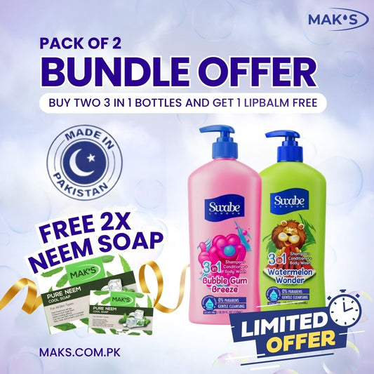 Swabe Kids by Mak’s Watermelon & Bubble Gum 3-in-1 550ml ×2 + (Free Neem Soap)