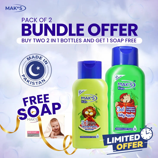 Mak’s 2-in-1 Shampoo Watermelon & Apple 3-in-1 300ml ×2 (Free White baby Soap)