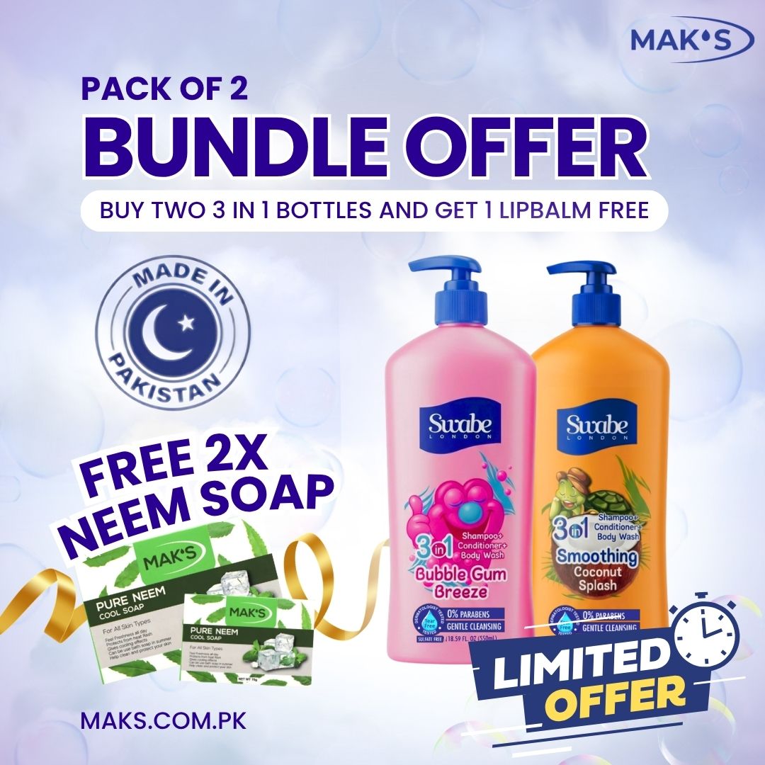 Swabe Kids by Mak’s Coconut & Bubble Gum 3-in-1 550ml ×2 + (Free Neem Soap)