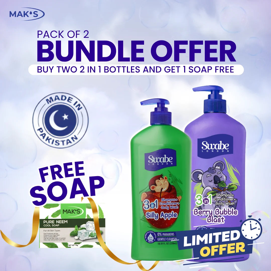 Swabe Kids by Maks 3in1 Apple and Berry Bubble Blast Shampoo Body Wash 550ml Twin Pack with Free Soap Pack and Free Delivery Pakistan