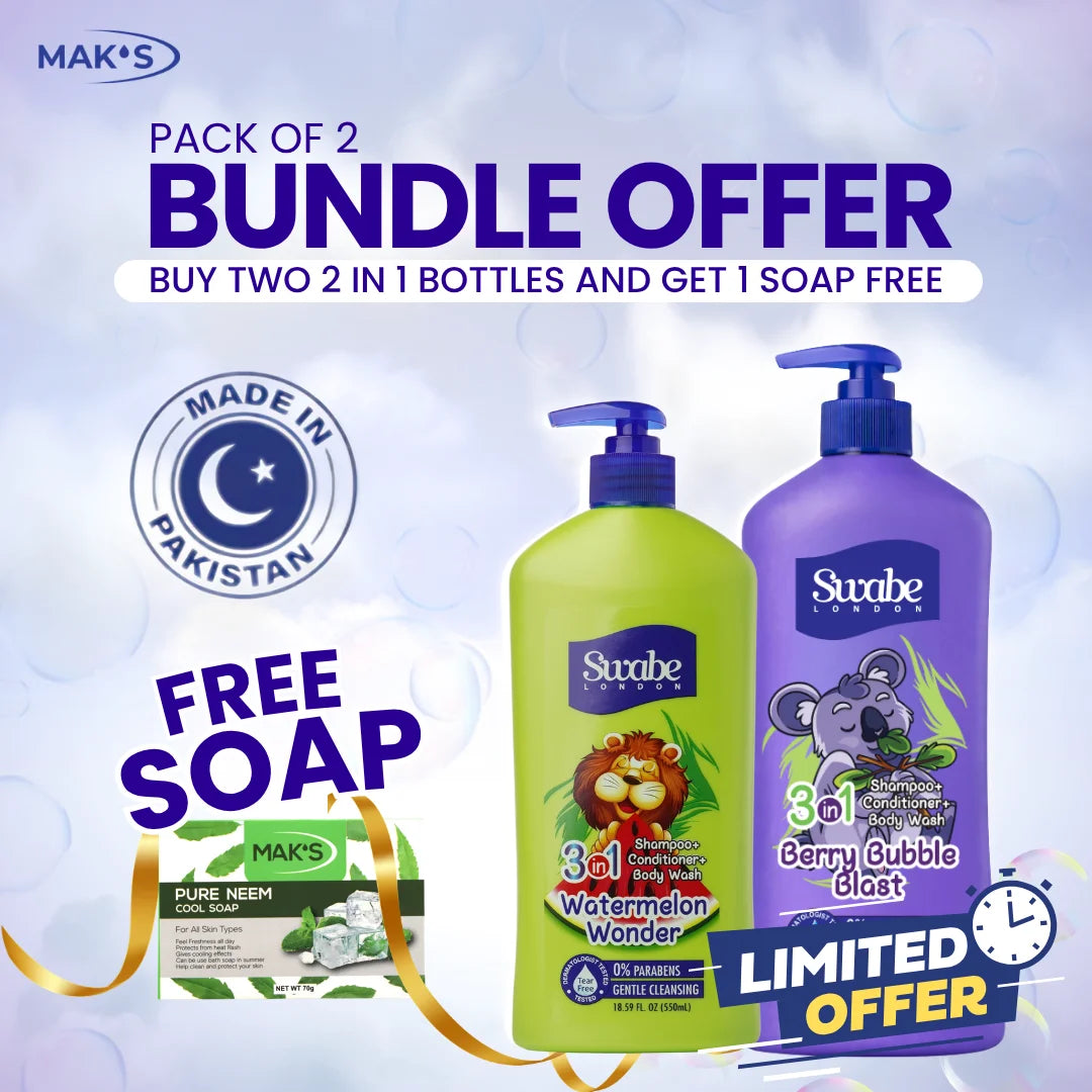 Swabe Kids by Maks 3in1 Watermelon and Berry Bubble Blast Shampoo Body Wash 550ml Twin Pack with Free Soap Pack and Free Delivery Pakistan