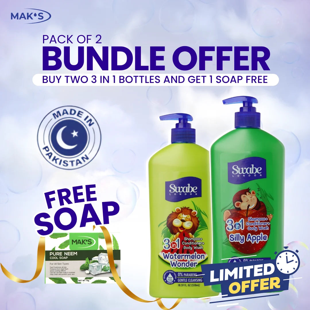 Swabe Kids by Maks 3in1 Apple and Watermelon Shampoo Body Wash 550ml Bottles with Free Neem Soap