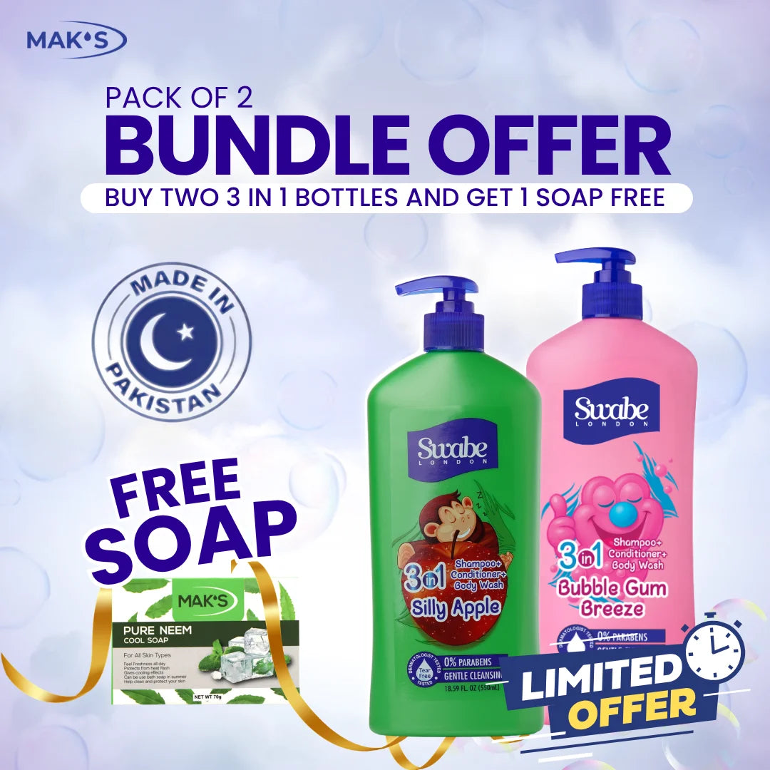 Swabe Kids by Maks 3in1 Apple and Bubble Gum Shampoo Body Wash 550ml Twin Pack with Free Neem Soap and Free Delivery Pakistan