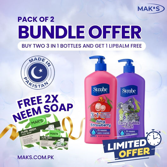Swabe Kids by Mak’s Strawberry & Berry Bubble Blast 3-in-1 550ml ×2 + (Free Neem Soap)