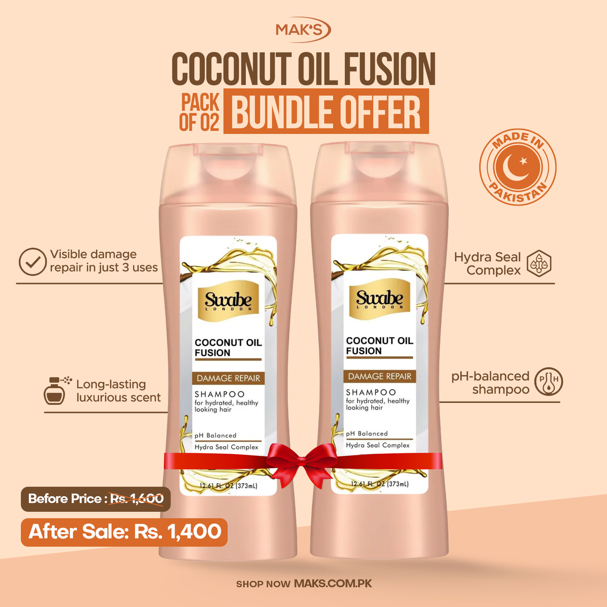 Swabe Coconut Oil Fusion Shampoo Bundle 12.61 Fl Oz / 373 ml x 2