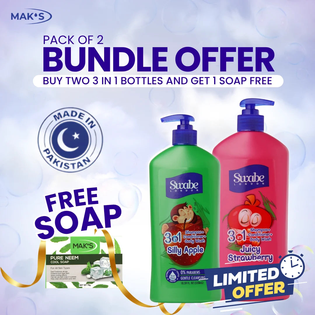 Swabe Kids by Maks 3in1 Strawberry and Apple Shampoo Body Wash 550ml Twin Pack with Free Neem Soap and Free Delivery Pakistan