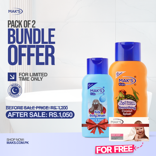 Mak’s 2-in-1 Shampoo Coconut & Free Gentle Bodywash 300ml ×2 (Free White baby Soap)