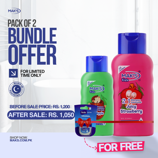 MAK’S Kids Strawberry 2-in-1 & Apple 3-in-1 Bundle 300ml ×2 + FREE Lip Balm (Original)