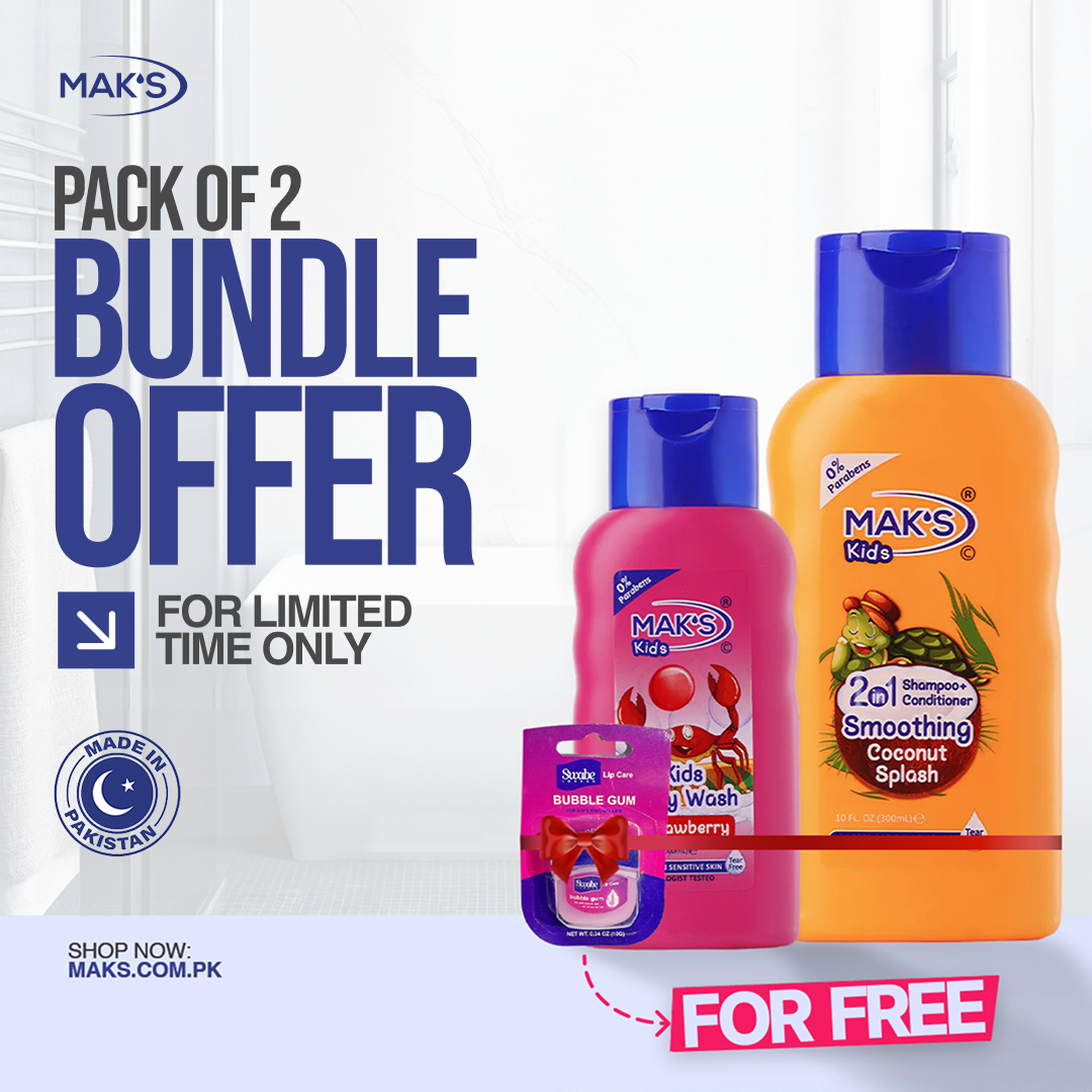MAK’S Kids Coconut 2-in-1 & Strawberry Body Wash 300ml ×2 + FREE Lip Balm (Bubble Gum)