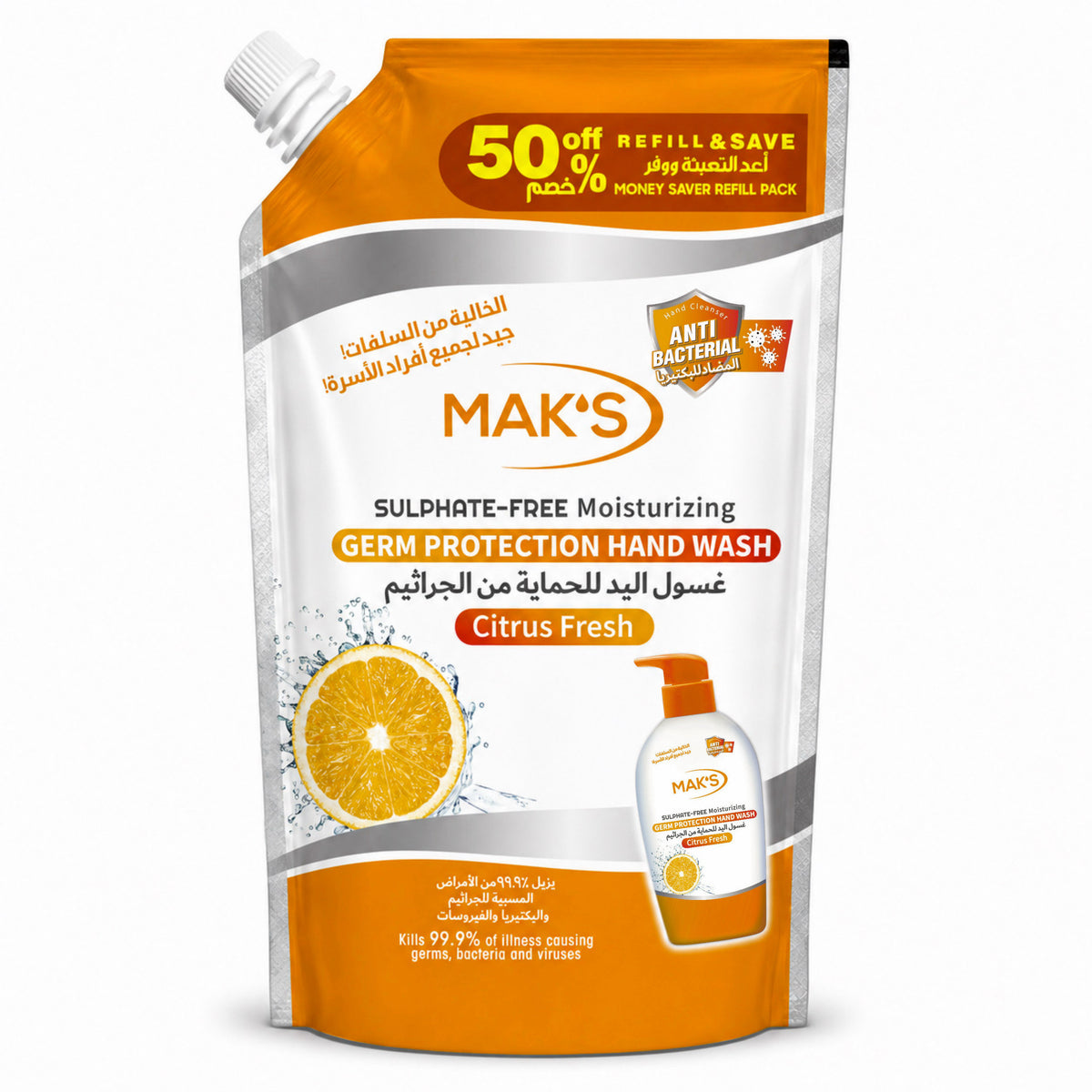 MAK’s Sulphate Free Anti Bacterial Handwash - Citrus Fresh (Pouch) 600ml