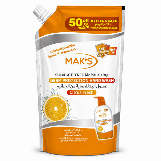 MAK’s Sulphate Free Anti Bacterial Handwash - Citrus Fresh (Pouch) 600ml