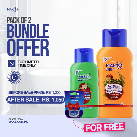 MAK’S Kids Coconut 2-in-1 & Apple 3-in-1 300ml ×2 + FREE Lip Balm (Original)