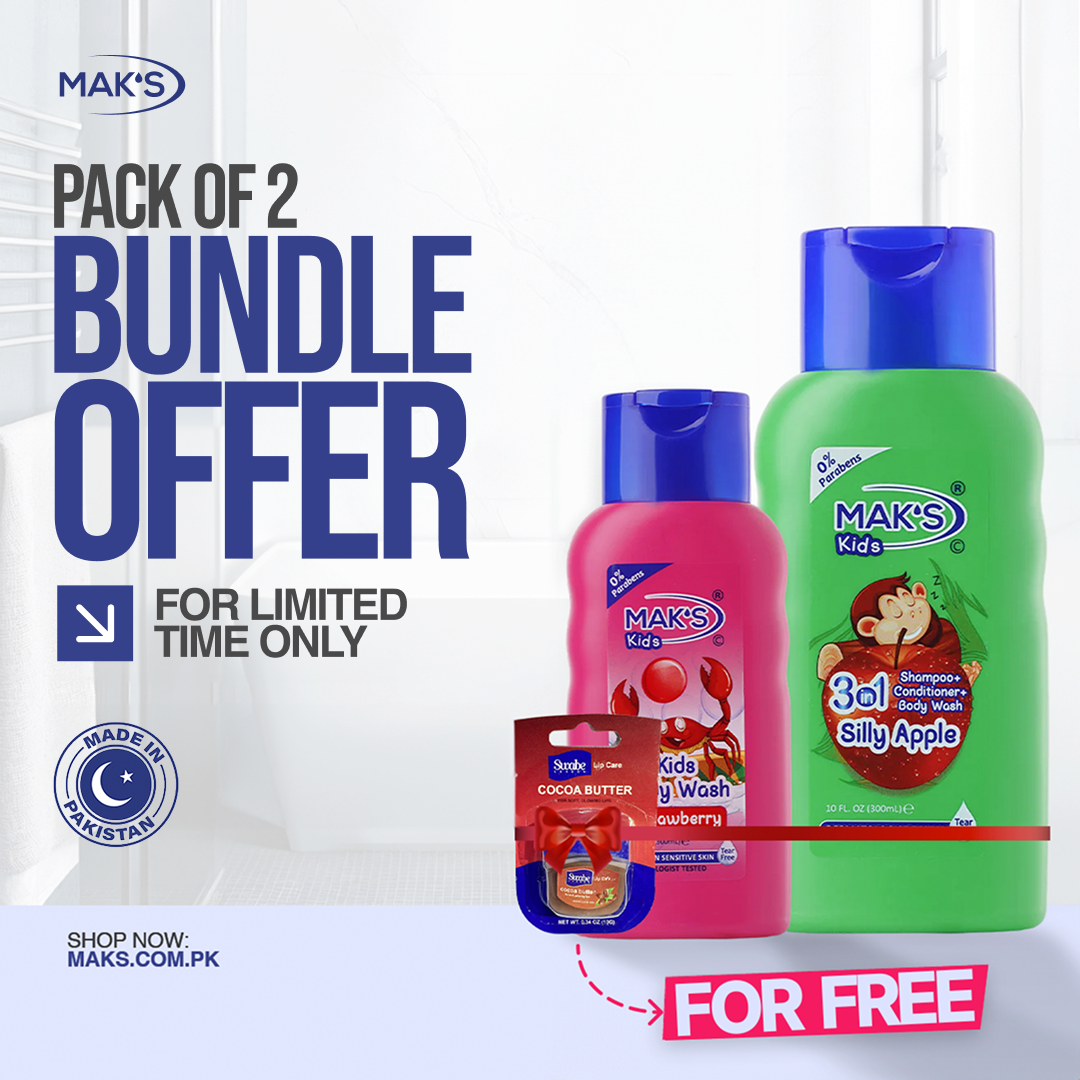 MAK’S Kids Apple 3-in-1 & Strawberry Body Wash 300ml ×2 + FREE Lip Balm (Cocoa Butter)