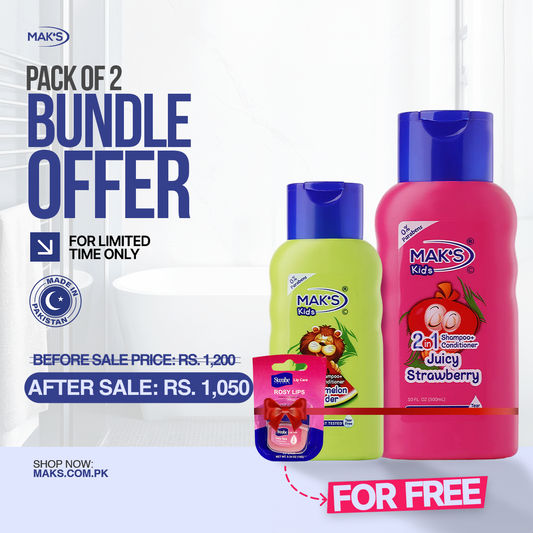 MAK’S Kids Watermelon 2-in-1 & Strawberry 2-in-1 300ml ×2 + FREE Lip Balm (Rosy Lips)