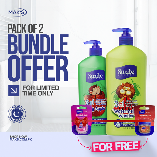Swabe Kids by Mak’s Apple & Watermelon 3-in-1 Bundle 550ml ×2 + FREE Lip Balms (Bubble Gum & Cocoa Butter) ×2