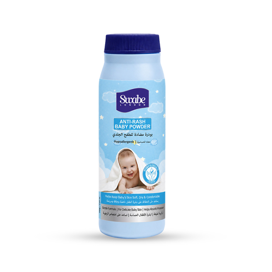 A bottle of Swabe London Anti-Rash Baby Powder, featuring a light blue bottle with a dark blue cap and a label showing a baby and clouds.