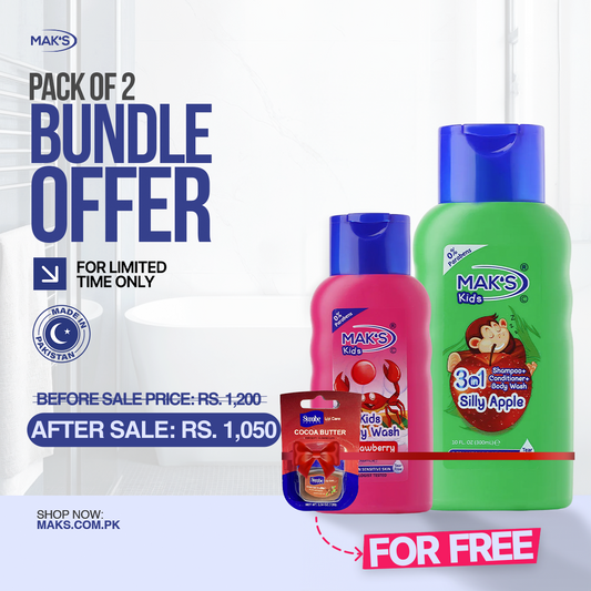 MAK’S Kids Apple 3-in-1 & Strawberry Body Wash 300ml ×2 + FREE Lip Balm (Cocoa Butter)