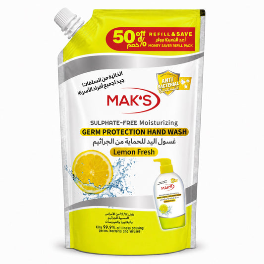MAK’s Sulphate Free Anti Bacterial Handwash - Lemon Fresh (Pouch) 600ml