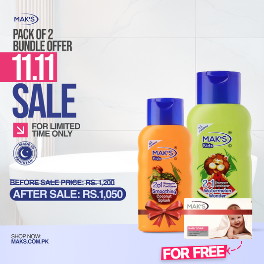 Mak’s 2-in-1 Shampoo Coconut & Watermelon 300ml ×2 (Free White baby Soap)